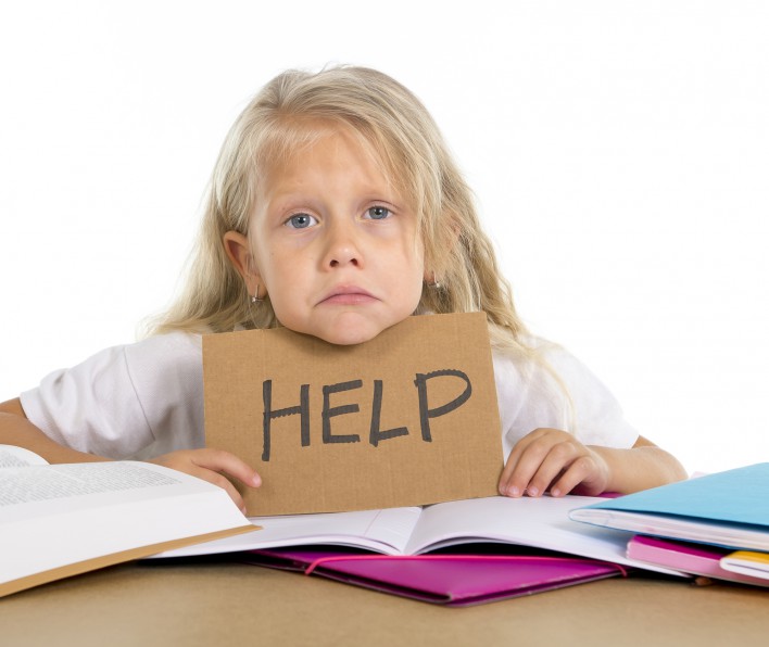sweet little school girl holding help sign in stress with books and homework
